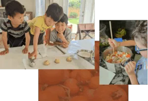 A photo of three children making cookie dough and another photo of a child stirring a pot of soup
