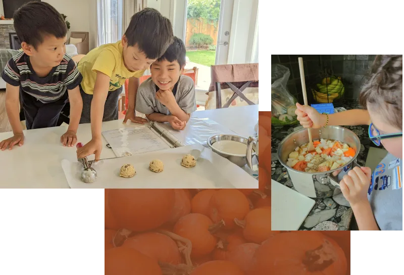 A photo of three children making cookie dough and another photo of a child stirring a pot of soup