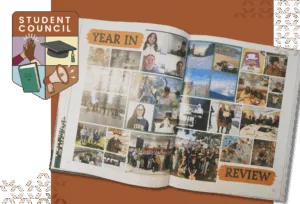 yearbook on display with student council badge