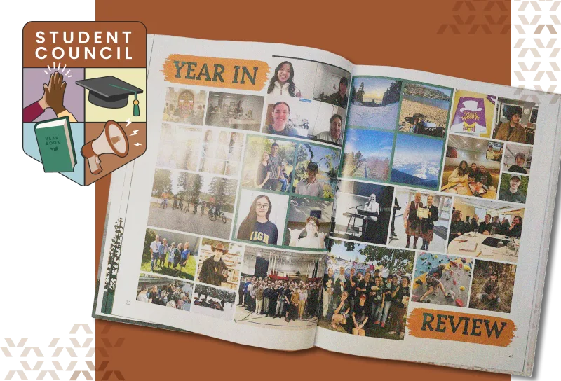 yearbook on display with student council badge