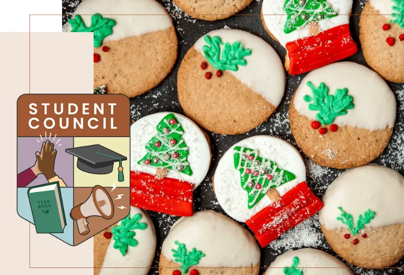 A plate of christmas cookies with the HCOS student badge