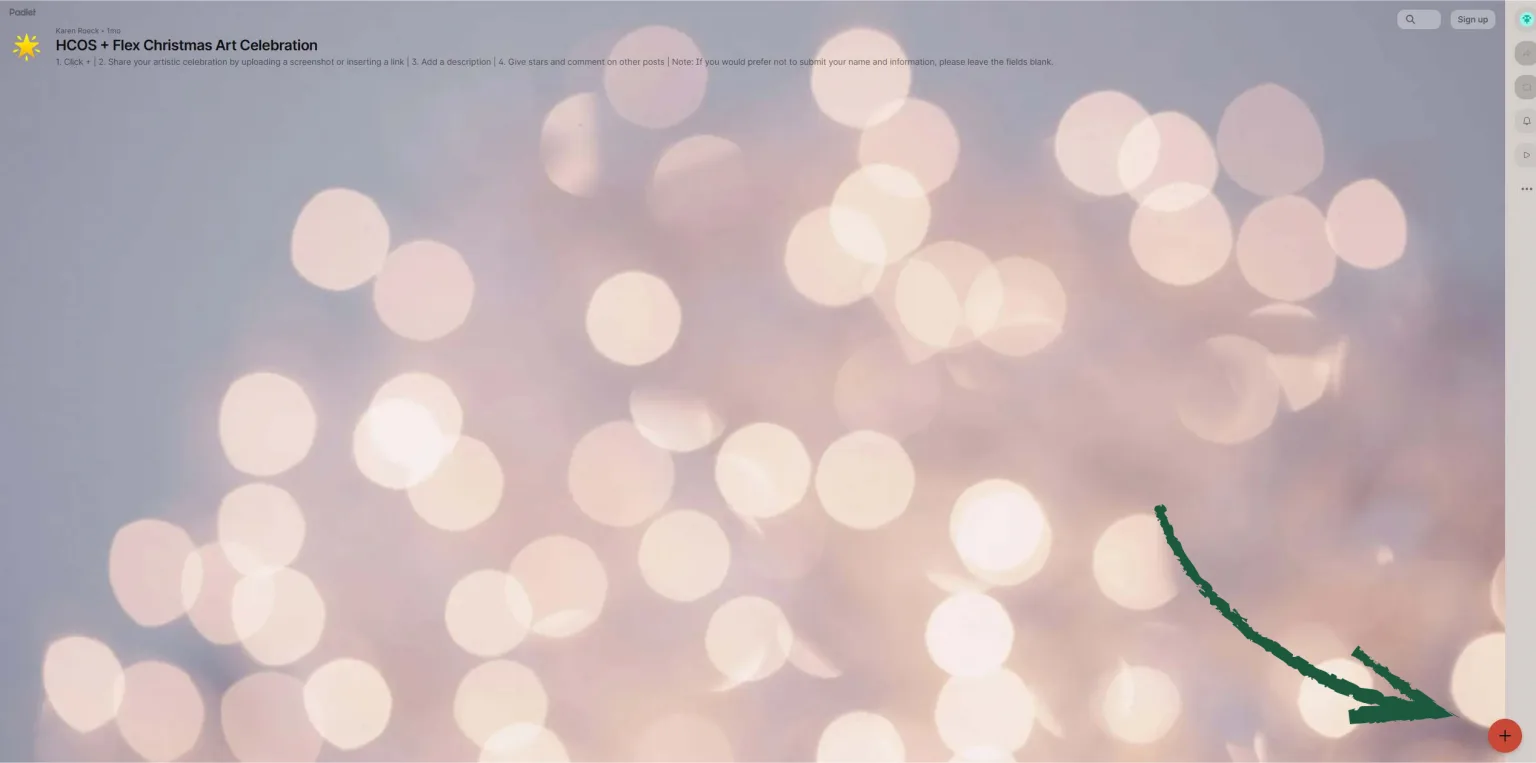 the main screen of the padlet, showing an arrow pointed to the plus button