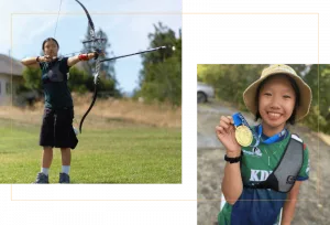 Lily posing in one photo with her bow and in another with a gold medal