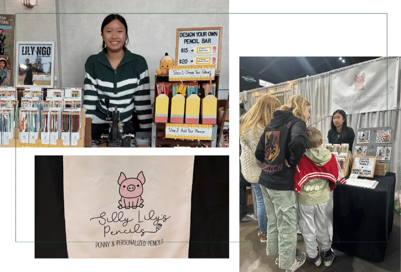 Lily showing off her pencil stamping business