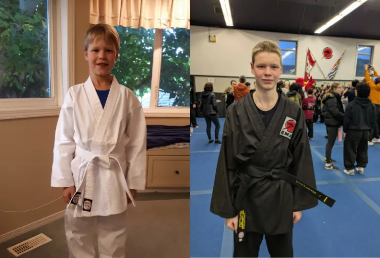 Two photos of Frits side by side showing him at the beginning of his MMA journey and now.