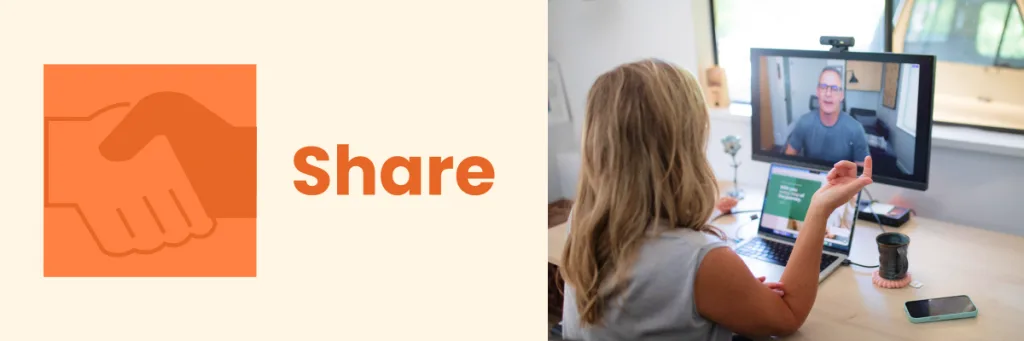 an image of a girl on a computer talking to a teacher with the text 'share'