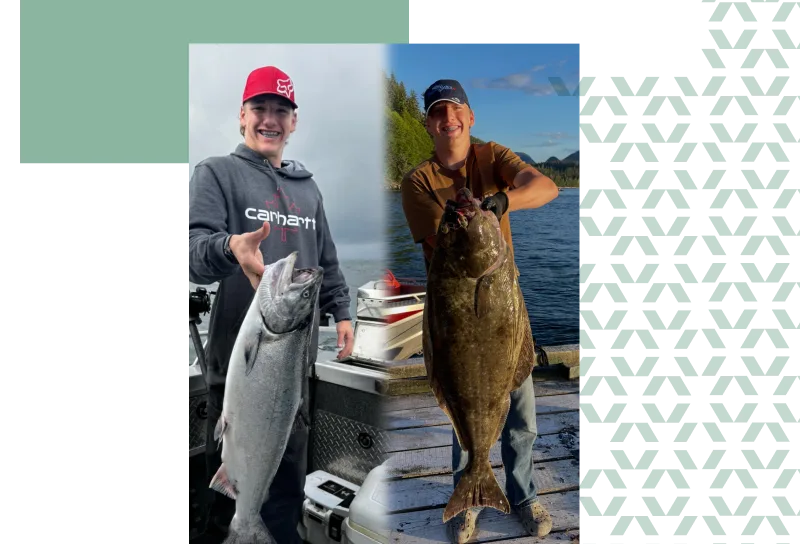 two photos of a boy holding fish