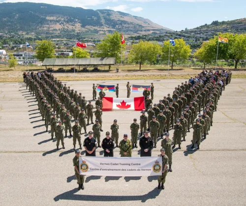 people in uniforms standing with flags